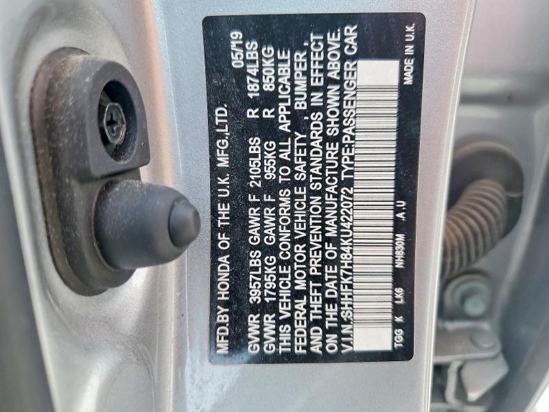 Продаж на аукціоні авто 2019 Honda Civic, vin: SHHFK7H84KU422072, номер лоту: 52368646