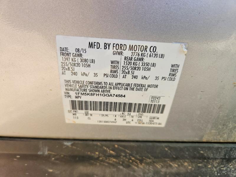 2016 Ford Explorer მანქანა იყიდება აუქციონზე, vin: 1FM5K8FH1GGA74584, აუქციონის ნომერი: 54957006