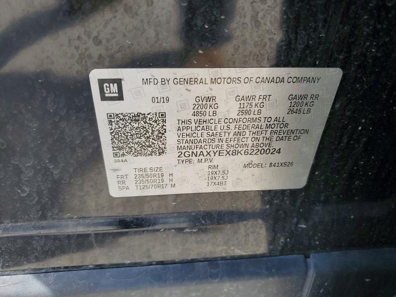 55173946 :رقم المزاد ، 2GNAXYEX8K6220024 vin ، 2019 Chevrolet Equinox مزاد بيع