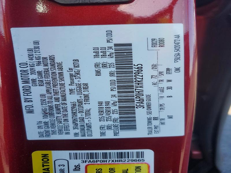 2017 Ford Fusion მანქანა იყიდება აუქციონზე, vin: 3FA6P0H7XHR229665, აუქციონის ნომერი: 53062436