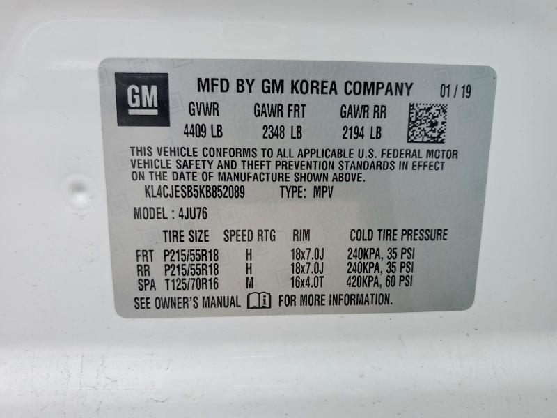 2019 Buick Encore მანქანა იყიდება აუქციონზე, vin: KL4CJESB5KB852089, აუქციონის ნომერი: 52689506