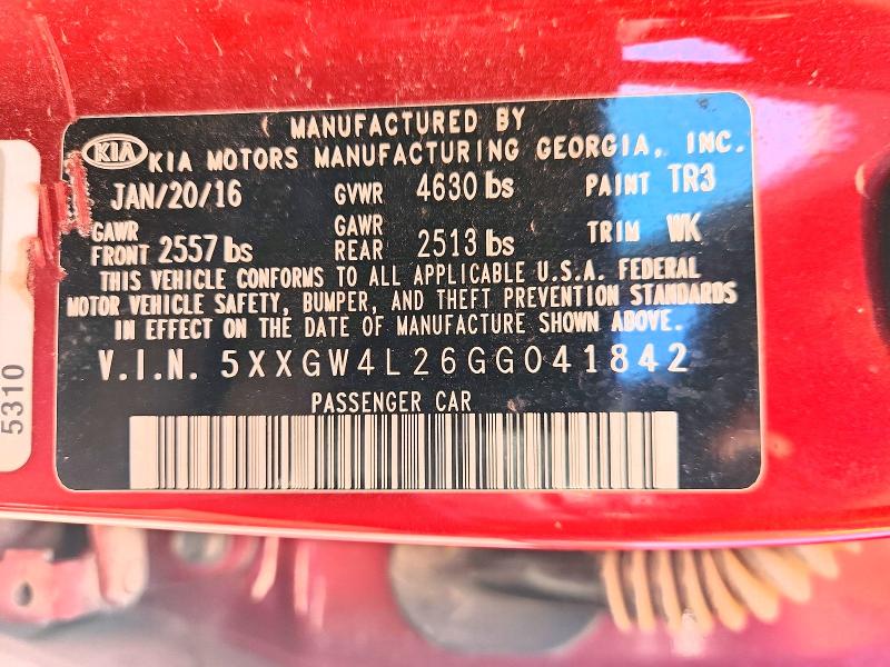 52101876 :رقم المزاد ، 5XXGW4L26GG041842 vin ، 2016 Kia Optima مزاد بيع