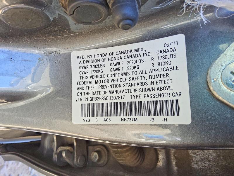Продаж на аукціоні авто 2012 Honda Civic, vin: 2HGFB2F86CH307817, номер лоту: 53381586