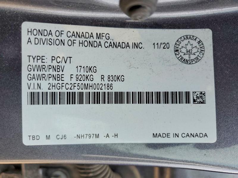 2021 Honda Civic მანქანა იყიდება აუქციონზე, vin: 2HGFC2F50MH002186, აუქციონის ნომერი: 55238366