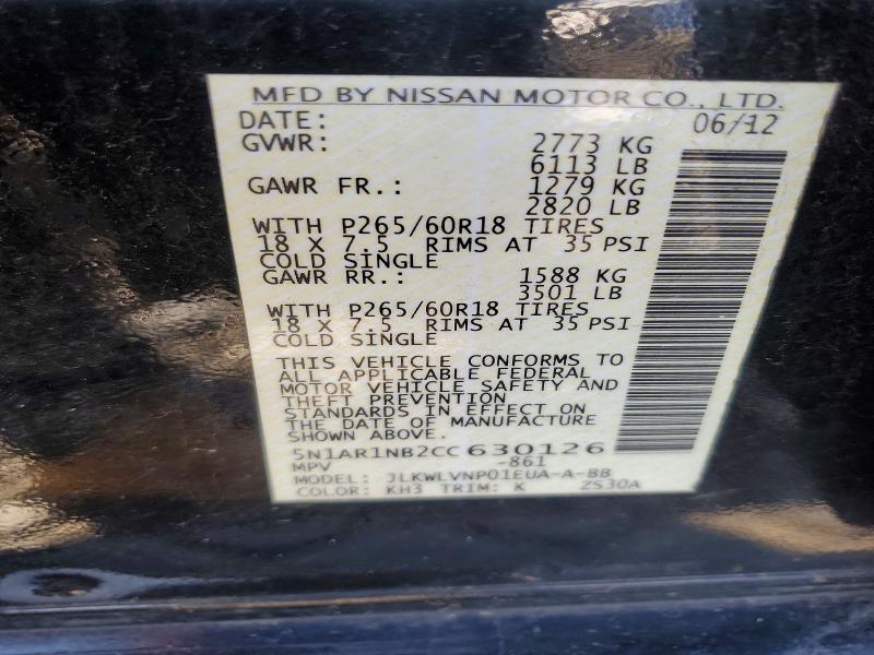 Auction sale of the 2012 Nissan Pathfinder, vin: 5N1AR1NB2CC630126, lot number: 54169016