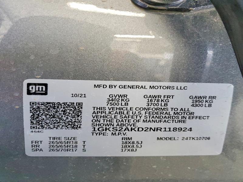 Продаж на аукціоні авто 2022 Gmc Yukon, vin: 1GKS2AKD2NR118924, номер лоту: 52022626