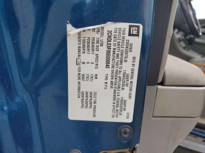 54082946 :رقم المزاد ، 2CNDL63F066009840 vin ، 2006 Chevrolet Equinox مزاد بيع