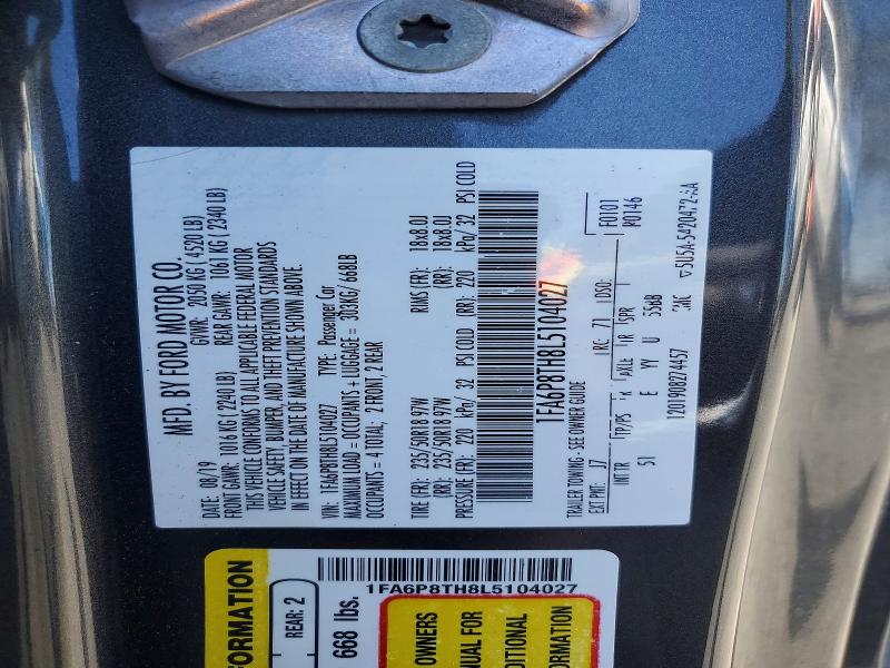 Продаж на аукціоні авто 2020 Ford Mustang, vin: 1FA6P8TH8L5104027, номер лоту: 53117666