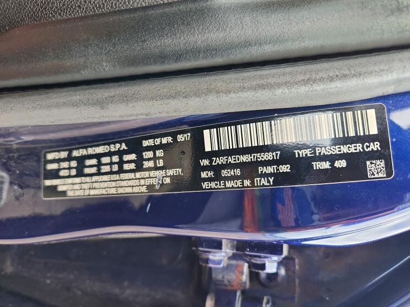 54864616 :رقم المزاد ، ZARFAEDN6H7556817 vin ، 2017 Alfa Romeo Giulia مزاد بيع