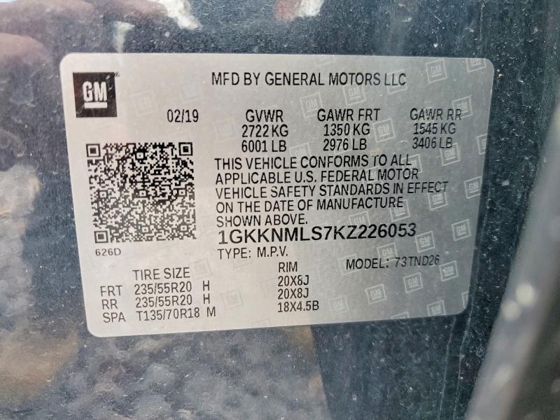 54083166 :رقم المزاد ، 1GKKNMLS7KZ226053 vin ، 2019 Gmc Acadia مزاد بيع