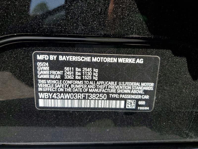 Продажа на аукционе авто 2024 Bmw I4, vin: WBY43AW03RFT38250, номер лота: 52886836