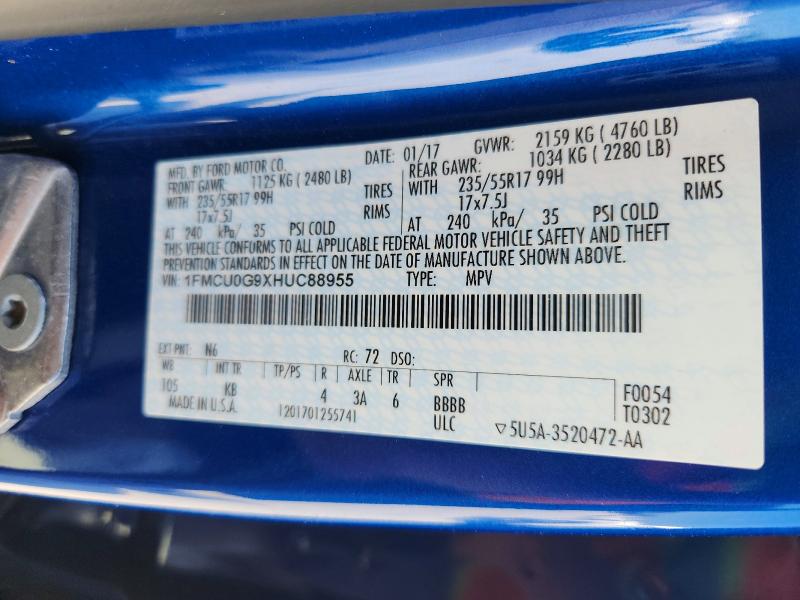 Aukcja sprzedaży 2017 Ford Escape, vin: 1FMCU0G9XHUC88955, numer aukcji: 53029516