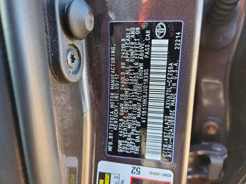 Auction sale of the 2018 Toyota Camry, vin: 4T1B11HK6JU018395, lot number: 53435926