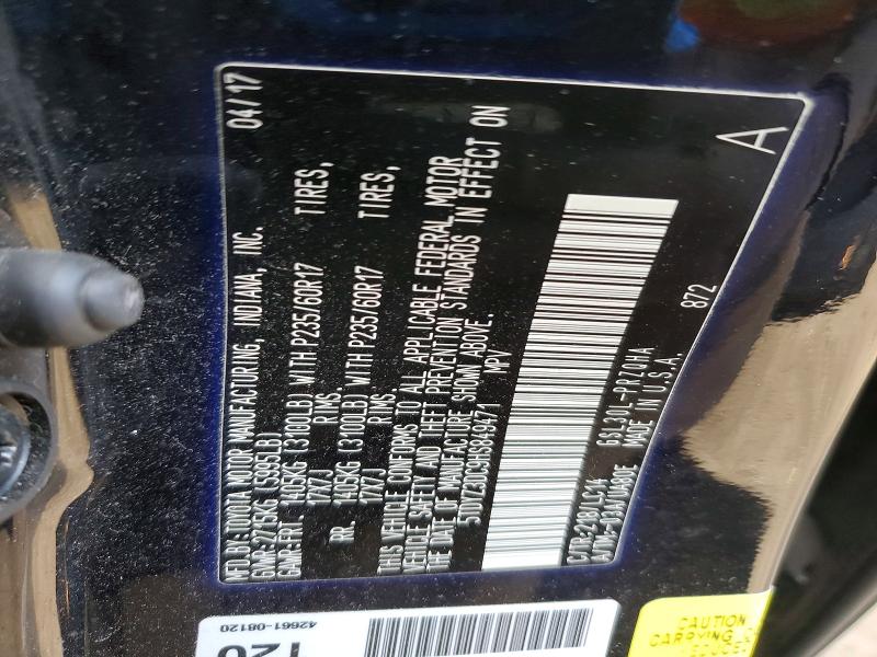 52813646 :رقم المزاد ، 5TDYZ3DC9HS849471 vin ، 2017 Toyota Sienna مزاد بيع