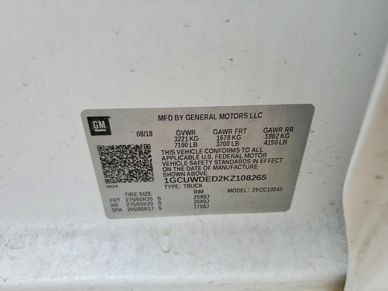 Продаж на аукціоні авто 2019 Chevrolet Silverado, vin: 1GCUWDED2KZ108265, номер лоту: 52311206