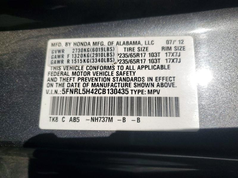 Aukcja sprzedaży 2012 Honda Odyssey, vin: 5FNRL5H42CB130435, numer aukcji: 54674196