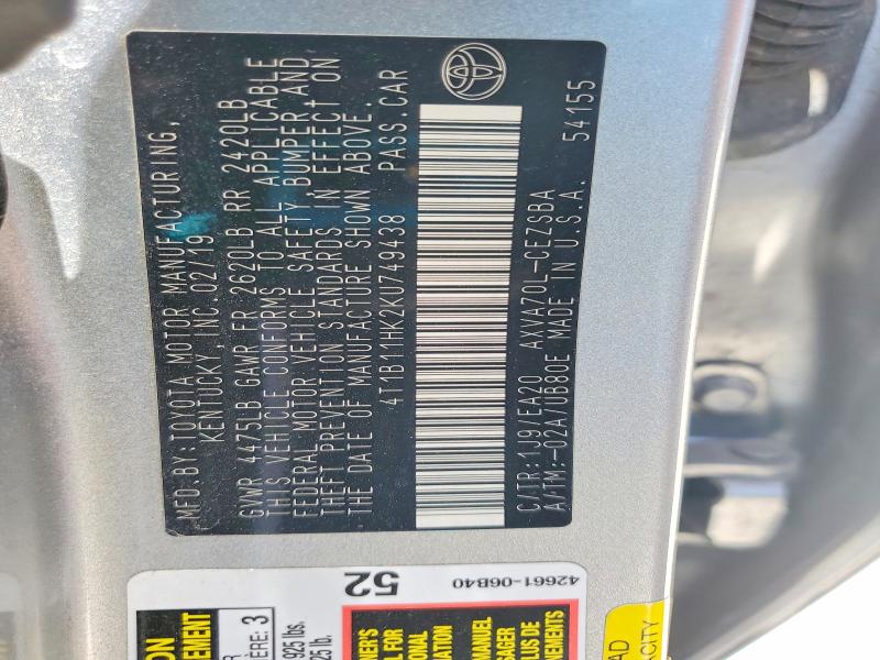 Aukcja sprzedaży 2019 Toyota Camry, vin: 4T1B11HK2KU749438, numer aukcji: 55420846