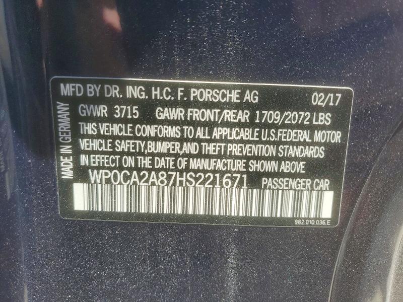 Aukcja sprzedaży 2017 Porsche Boxster, vin: WP0CA2A87HS221671, numer aukcji: 53268296