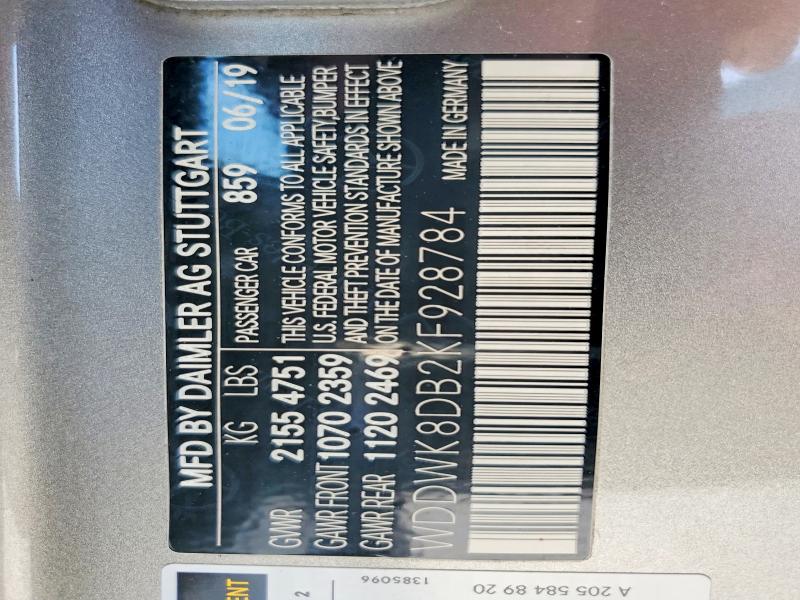 52075816 :رقم المزاد ، WDDWK8DB2KF928784 vin ، 2019 Mercedes-benz C مزاد بيع