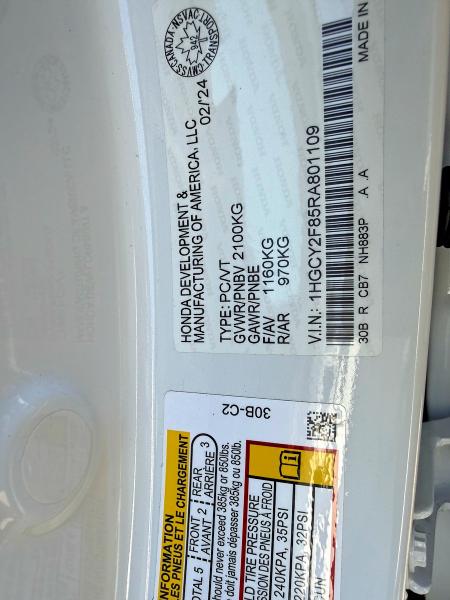 Aukcja sprzedaży 2024 Honda Accord, vin: 1HGCY2F85RA801109, numer aukcji: 52946206