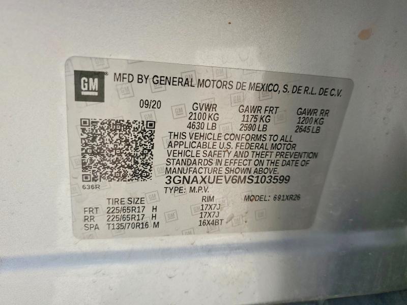 Auction sale of the 2021 Chevrolet Equinox, vin: 3GNAXUEV6MS103599, lot number: 52735406