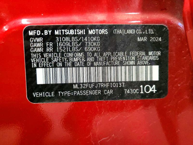 2024 Mitsubishi Mirage მანქანა იყიდება აუქციონზე, vin: ML32FUFJ7RHF10137, აუქციონის ნომერი: 52049866