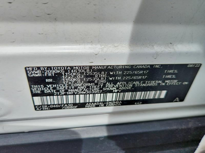 Продаж на аукціоні авто 2022 Toyota Rav4, vin: 2T3P1RFV3NW303957, номер лоту: 54797356