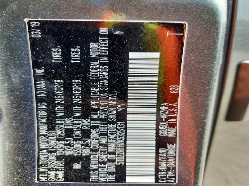 52678406 :رقم المزاد ، 5TDZZRFH7KS325131 vin ، 2019 Toyota 4r مزاد بيع