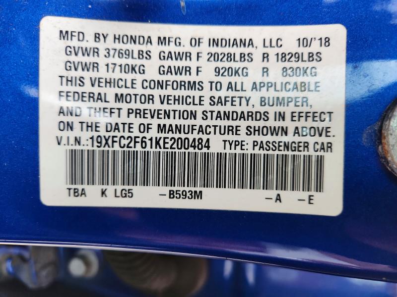 52538056 :رقم المزاد ، 19XFC2F61KE200484 vin ، 2019 Honda Civic مزاد بيع