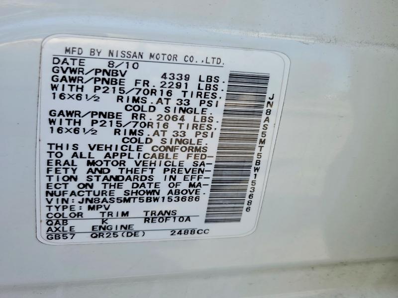 53797936 :رقم المزاد ، JN8AS5MT5BW153686 vin ، 2011 Nissan Rogue مزاد بيع