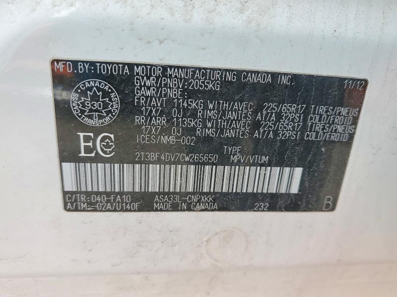 Продажа на аукционе авто 2012 Toyota Rav4, vin: 2T3BF4DV7CW265650, номер лота: 51613806