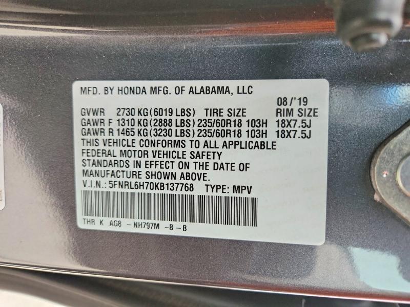 Auction sale of the 2019 Honda Odyssey, vin: 5FNRL6H70KB137768, lot number: 51668086