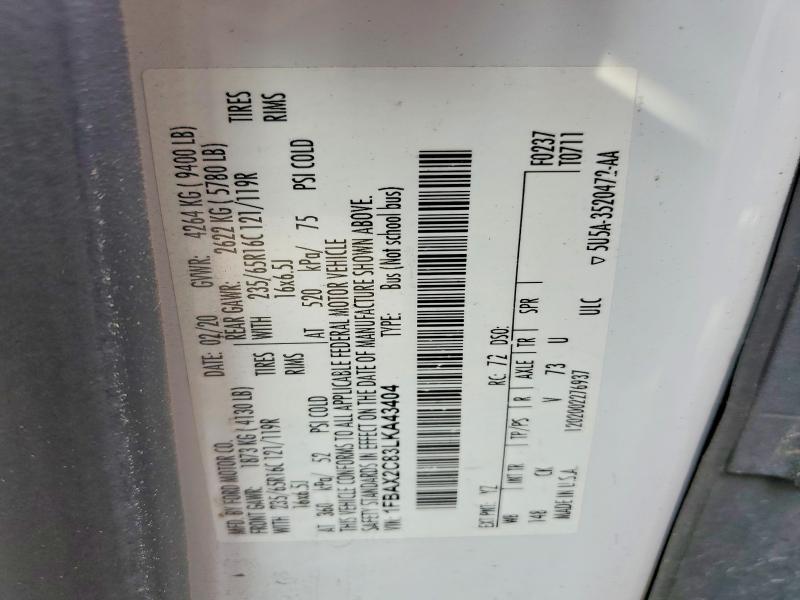 50342646 :رقم المزاد ، 1FBAX2C83LKA43404 vin ، 2020 Ford Transit مزاد بيع