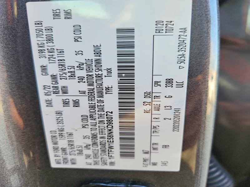 52438066 :رقم المزاد ، 1FTFW1E58NKD98072 vin ، 2022 Ford F150 مزاد بيع