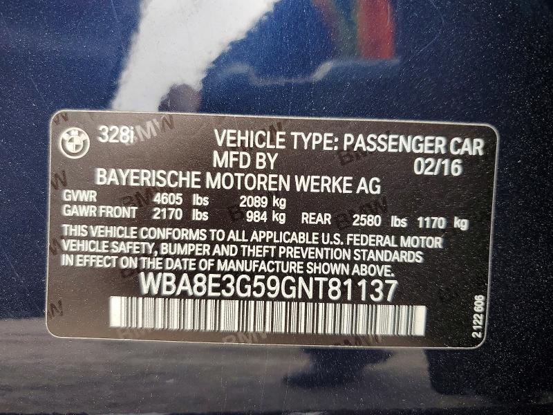 Продаж на аукціоні авто 2016 Bmw 328, vin: WBA8E3G59GNT81137, номер лоту: 52208536