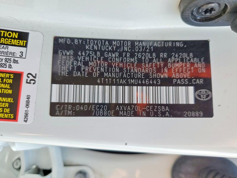 Aukcja sprzedaży 2021 Toyota Camry, vin: 4T1T11AK1MU446443, numer aukcji: 54712696