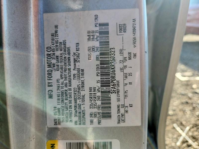 Продажа на аукционе авто 2019 Ford Fusion, vin: 3FA6P0RU6KR259323, номер лота: 53565316