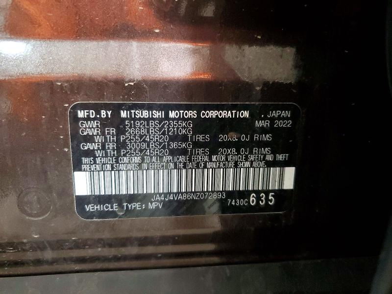 52685046 :رقم المزاد ، JA4J4VA86NZ072893 vin ، 2022 Mitsubishi Outlander مزاد بيع