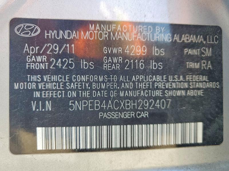 2011 Hyundai Sonata მანქანა იყიდება აუქციონზე, vin: 5NPEB4ACXBH292407, აუქციონის ნომერი: 52870976