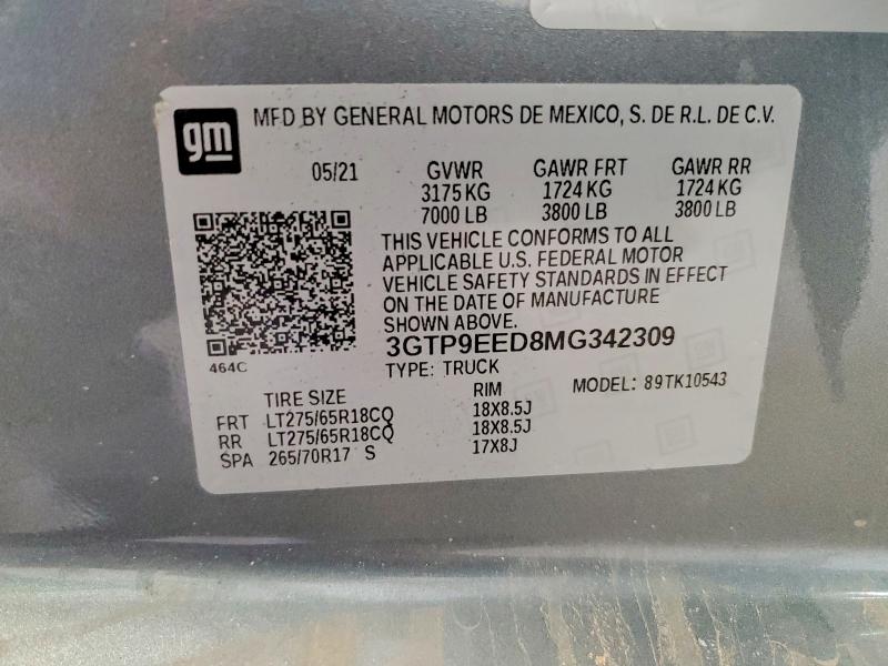 Продаж на аукціоні авто 2021 Gmc Sierra, vin: 3GTP9EED8MG342309, номер лоту: 52250096
