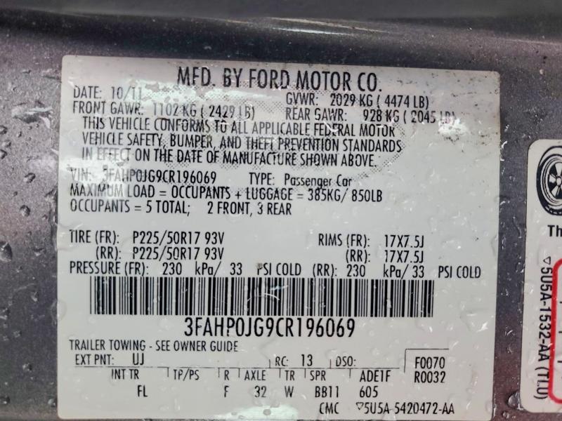 Aukcja sprzedaży 2012 Ford Fusion, vin: 3FAHP0JG9CR196069, numer aukcji: 53639286