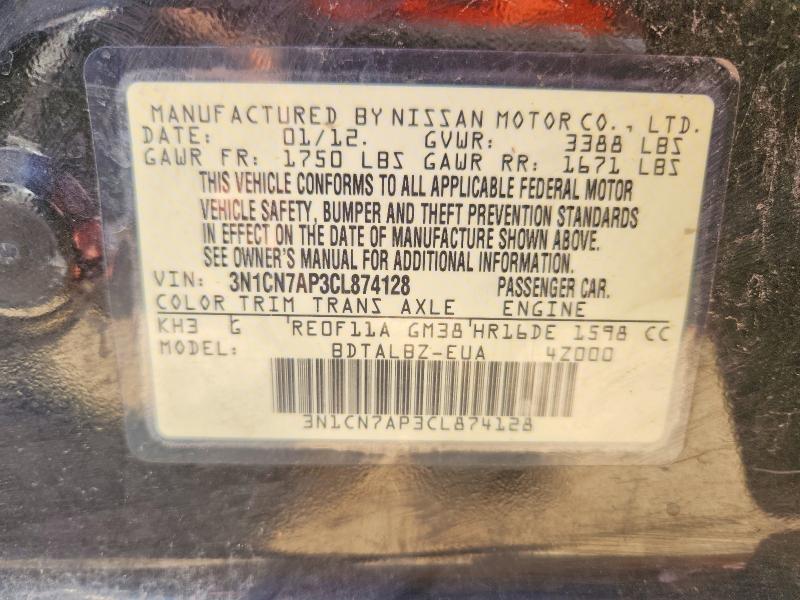 Aukcja sprzedaży 2012 Nissan Versa, vin: 3N1CN7AP3CL874128, numer aukcji: 53597896