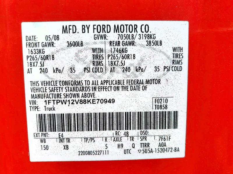 2008 Ford F150 მანქანა იყიდება აუქციონზე, vin: 1FTPW12V88KE70949, აუქციონის ნომერი: 53097926