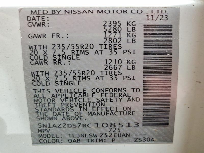 52845356 :رقم المزاد ، 5N1AZ2DS7RC108513 vin ، 2024 Nissan Murano مزاد بيع