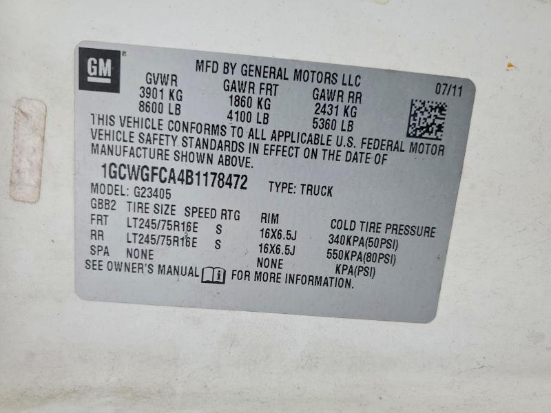 2011 Chevrolet Express G2500 მანქანა იყიდება აუქციონზე, vin: 1GCWGFCA4B1178472, აუქციონის ნომერი: 54791066