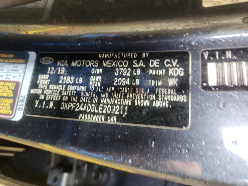 54447546 :رقم المزاد ، 3KPF24AD3LE209211 vin ، 2020 Kia Forte مزاد بيع