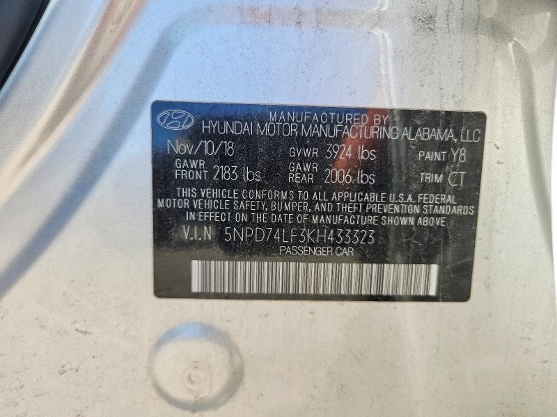 2019 Hyundai Elantra მანქანა იყიდება აუქციონზე, vin: 5NPD74LF3KH433323, აუქციონის ნომერი: 52660886