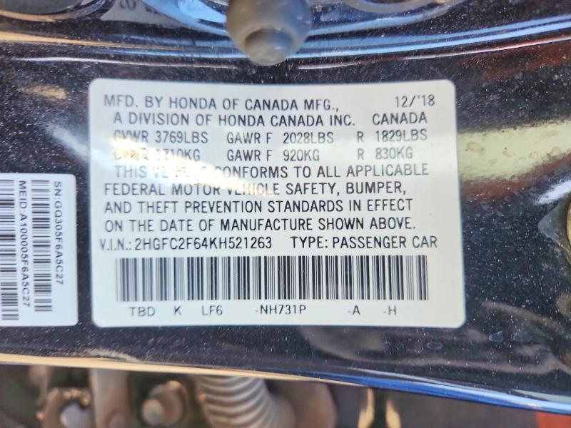 Продаж на аукціоні авто 2019 Honda Civic, vin: 2HGFC2F64KH521263, номер лоту: 53098076