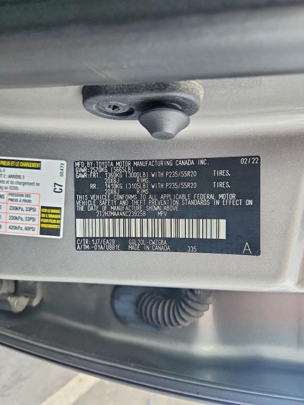 2022 Lexus Rx მანქანა იყიდება აუქციონზე, vin: 2T2HZMAA4NC239258, აუქციონის ნომერი: 54648596