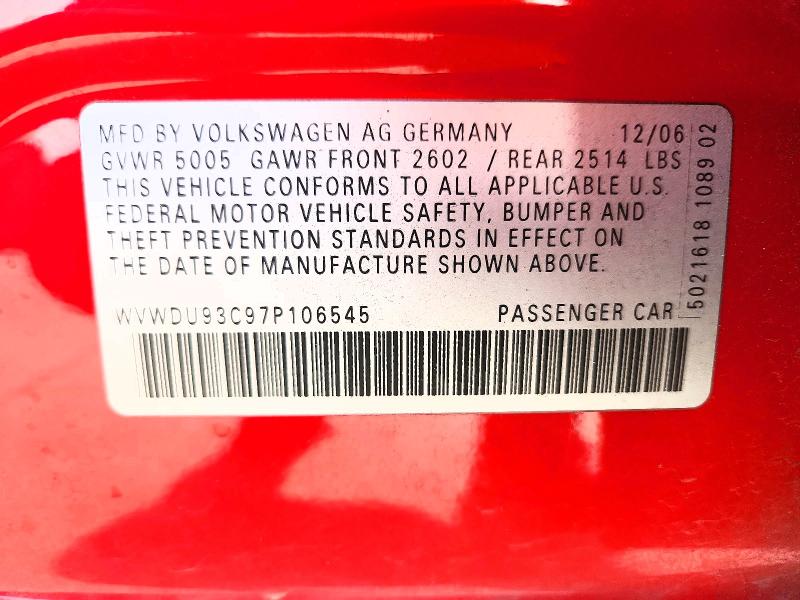52078376 :رقم المزاد ، WVWDU93C97P106545 vin ، 2007 Volkswagen Passat مزاد بيع